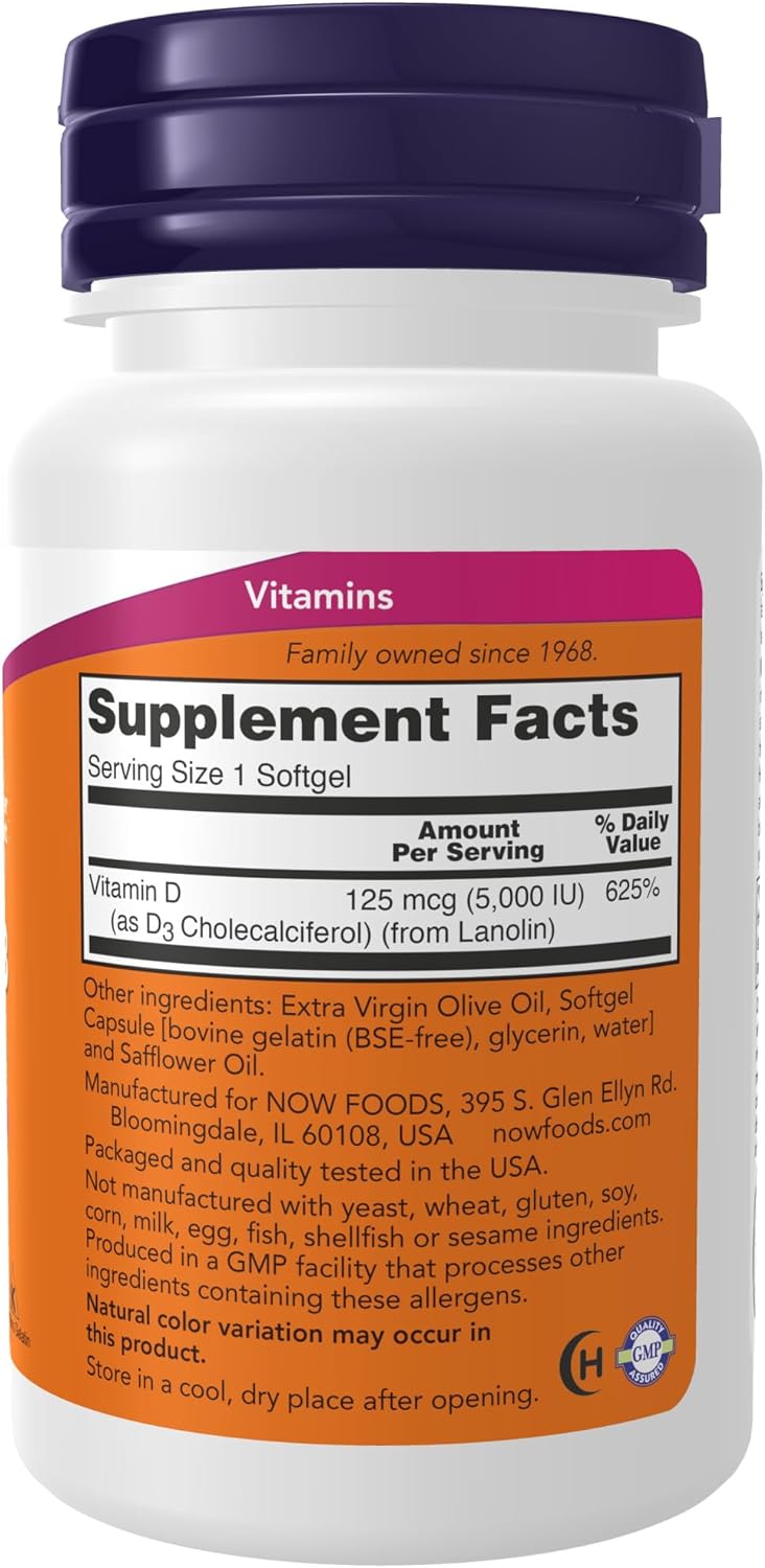 NOW Foods Supplements, Vitamin D-3 5,000 IU, High Potency, Structural Support*, 240 Softgels-1