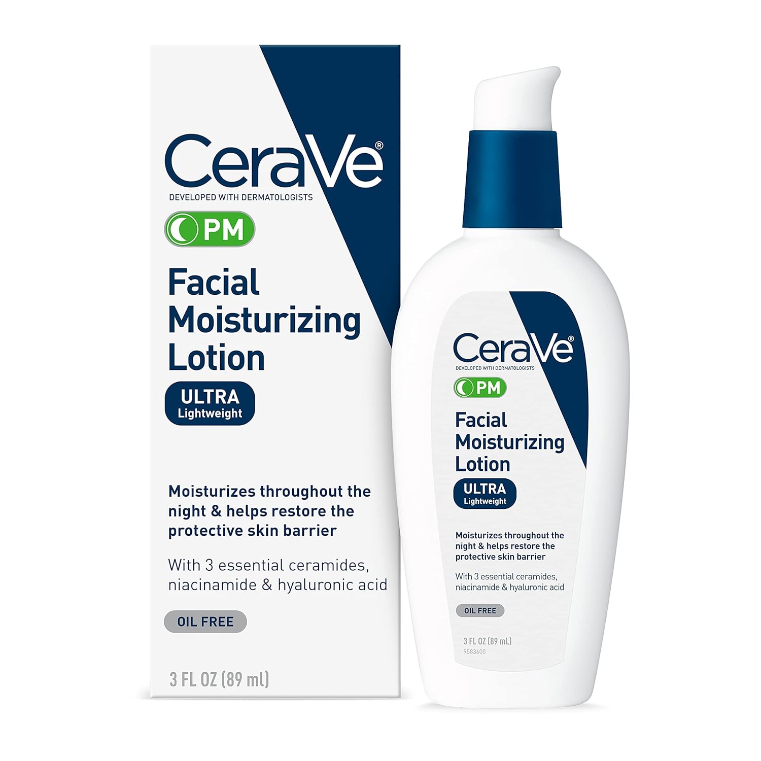 CeraVe PM Facial Moisturizing Lotion | Night Cream with Hyaluronic Acid and Niacinamide | Ultra-Lightweight, Oil-Free Moisturizer for Face | 3 Ounce-0