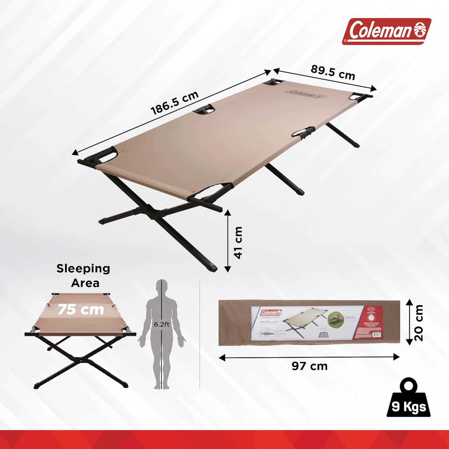 Coleman Trailhead II Camping Cot, Easy-to-Assemble Folding Cot Supports Campers up to 6ft 2in or 300lbs, Great for Camping, Lounging, & Elevated Sleeping-2