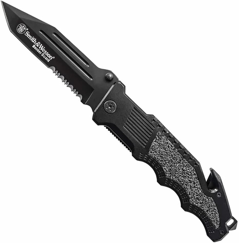 Smith & Wesson Border Guard 10in High Carbon S.S. Folding Knife with 4.4in Tanto Blade and Aluminum Handle for Tactical, Survival and EDC-0