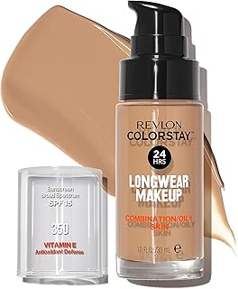 Revlon Liquid Foundation, ColorStay Face Makeup for Combination & Oily Skin, SPF 15, Medium-Full Coverage with Matte Finish, Rich Tan (350), 1.0 oz