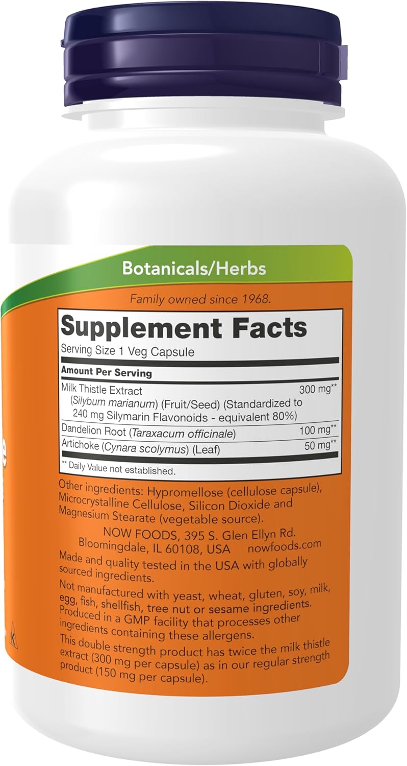 NOW Foods Supplements, Silymarin Milk Thistle Extract 300 mg with Artichoke and Dandelion, Double Strength, Supports Liver Function*, 200 Veg Capsules-1