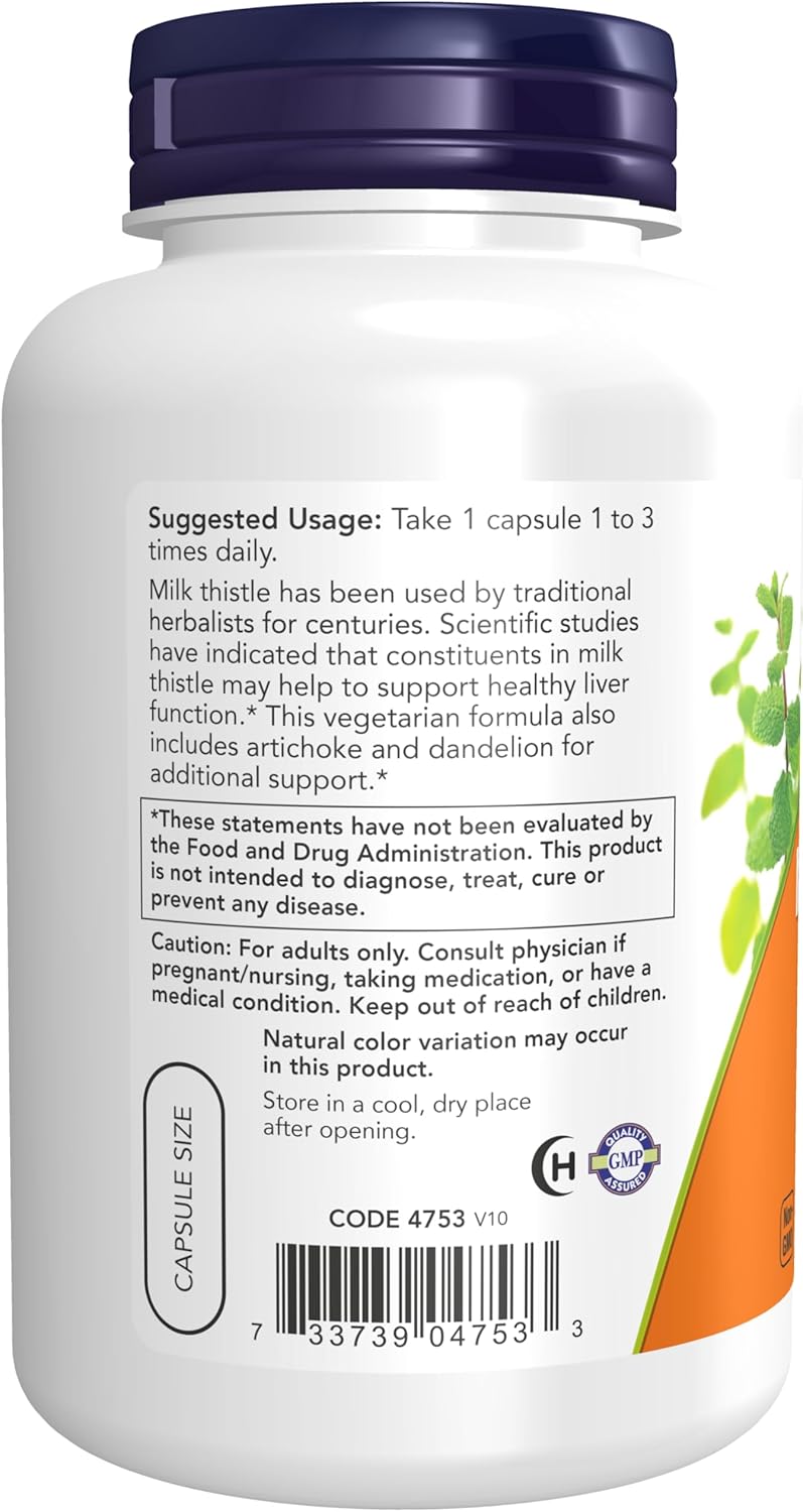 NOW Foods Supplements, Silymarin Milk Thistle Extract 300 mg with Artichoke and Dandelion, Double Strength, Supports Liver Function*, 200 Veg Capsules-2