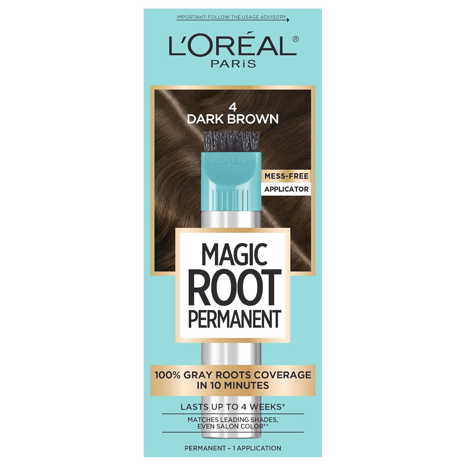 L'Oreal Paris Magic Root Rescue 10 Minute Root Hair Coloring Kit, Permanent Color with Quick Precision Applicator, 100 percent Gray Coverage, 4 Dark Brown, 1 kit (Packaging May Vary)-0