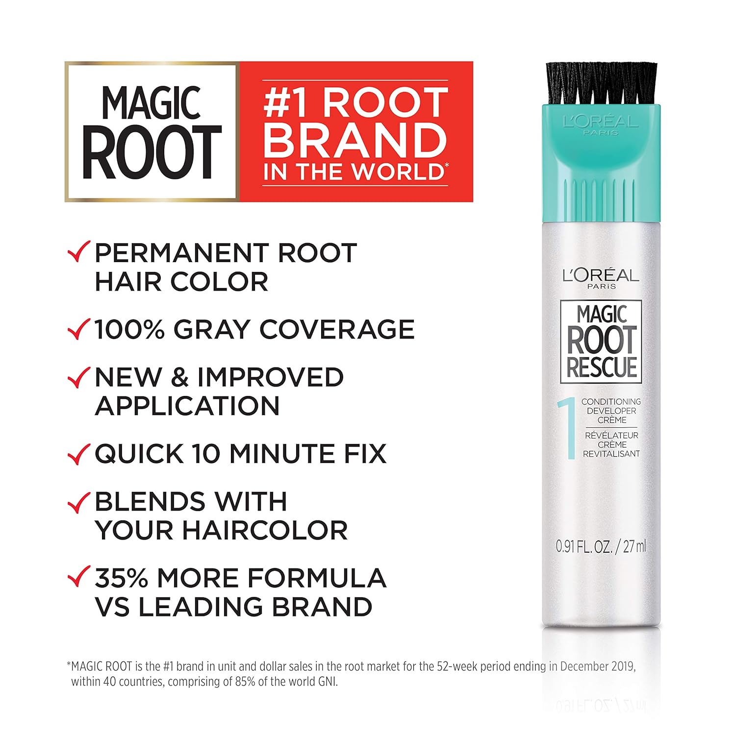 L'Oreal Paris Magic Root Rescue 10 Minute Root Hair Coloring Kit, Permanent Color with Quick Precision Applicator, 100 percent Gray Coverage, 4 Dark Brown, 1 kit (Packaging May Vary)-1