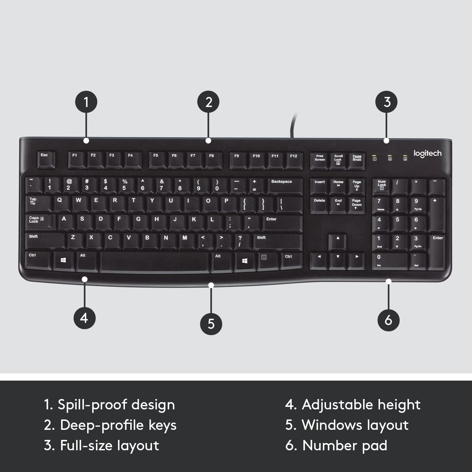 Logitech K120 Wired Keyboard for Windows, Plug and Play, Full-Size, Spill-Resistant, Curved Space Bar, Compatible with PC, Laptop - Black-6