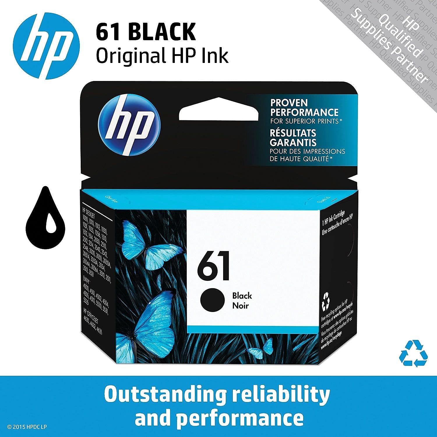 HP 61 Black Ink Cartridge | Works with DeskJet 1000, 1010, 1050, 1510, 2050, 2510, 2540, 3000, 3050, 3510; ENVY 4500, 5530; OfficeJet 2620, 4630 Series | Eligible for Instant Ink | CH561WN-1