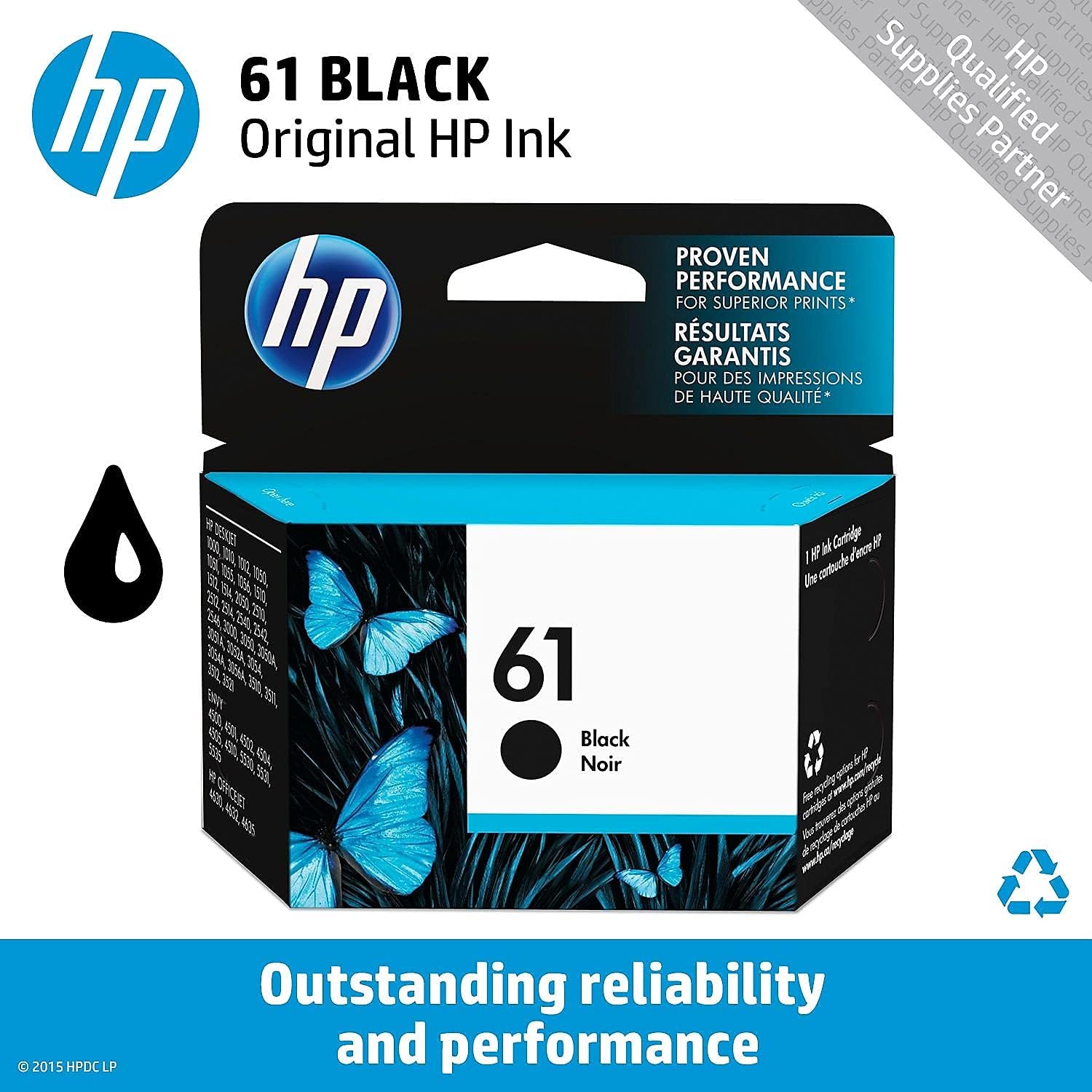 HP 61 Black Ink Cartridge | Works with DeskJet 1000, 1010, 1050, 1510, 2050, 2510, 2540, 3000, 3050, 3510; ENVY 4500, 5530; OfficeJet 2620, 4630 Series | Eligible for Instant Ink | CH561WN-3