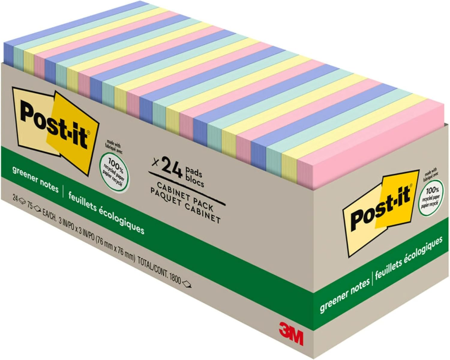 Post-it Greener Notes, 3x3 in, 24 Pads, America's #1 Favorite Sticky Notes, Sweet Sprinkles Collection, Pastel Colors, Clean Removal, 100% Recycled Material (654R-24CP-AP)-0