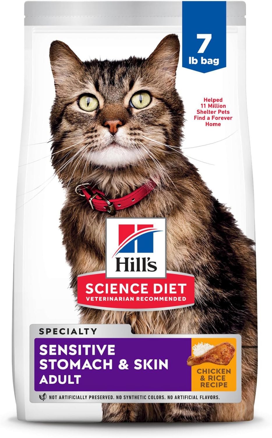 Hill's Science Diet Sensitive Stomach & Skin, Adult 1-6, Stomach & Skin Sensitivity Support, Dry Cat Food, Chicken & Rice, 7 lb Bag-0