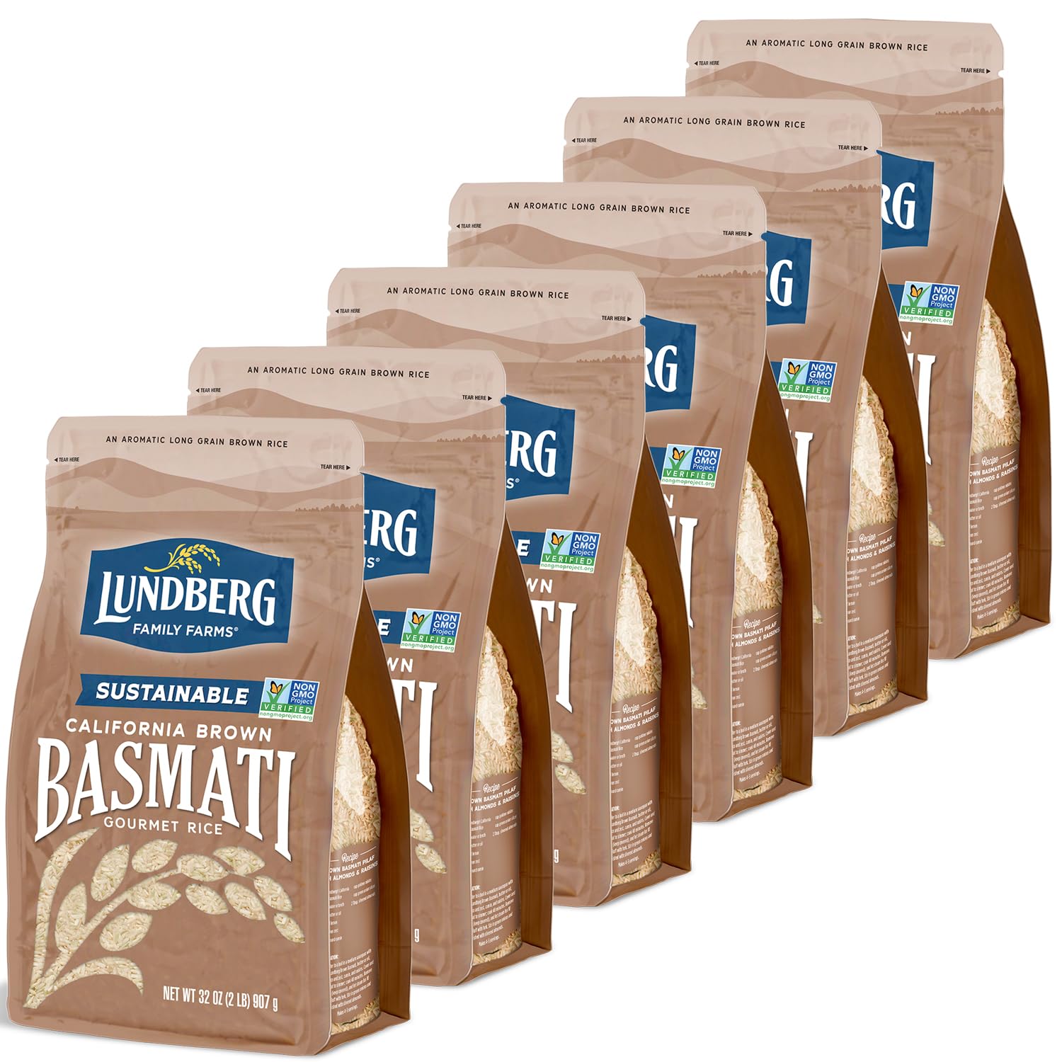 Lundberg Basmati Rice, Long Grain Brown Rice - Non-Sticky, Fluffy Aromatic Rice, Sustainably Grown in California, Pantry Staples, 32 Oz (Pack of 6)-0