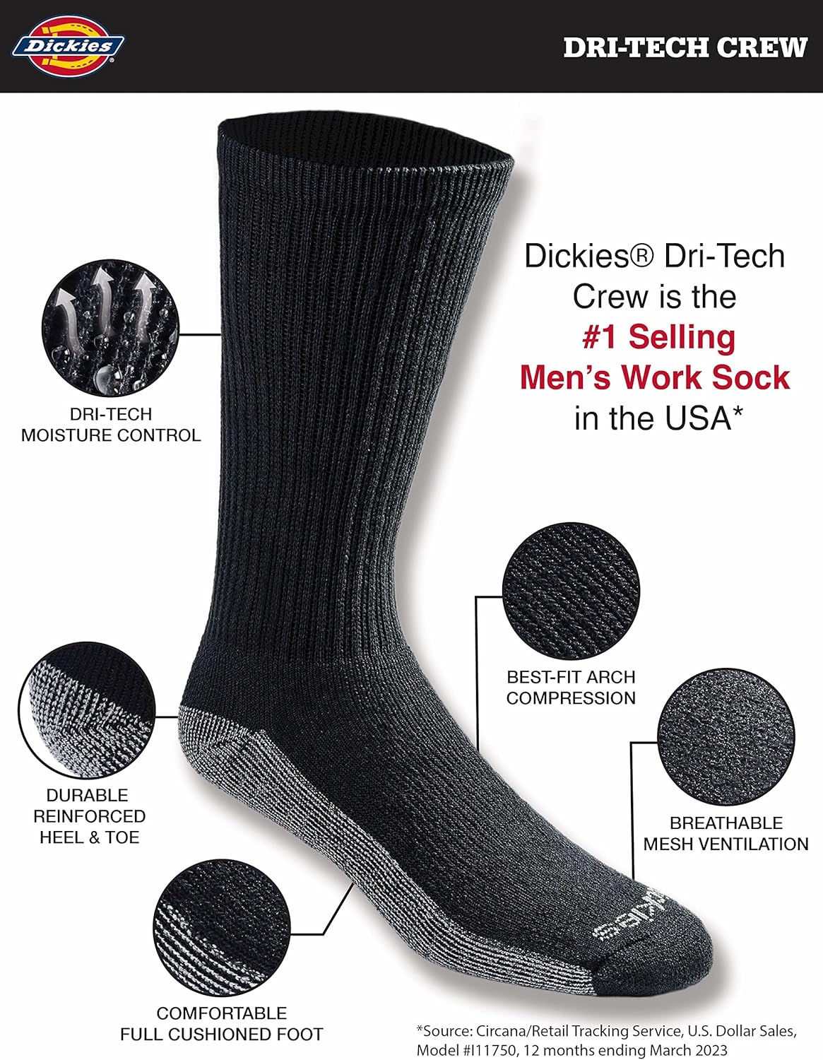 Dickies Men's Dri-Tech Moisture Control Crew Socks, Available in M-XXL (6, 12, 18 Pairs)-1