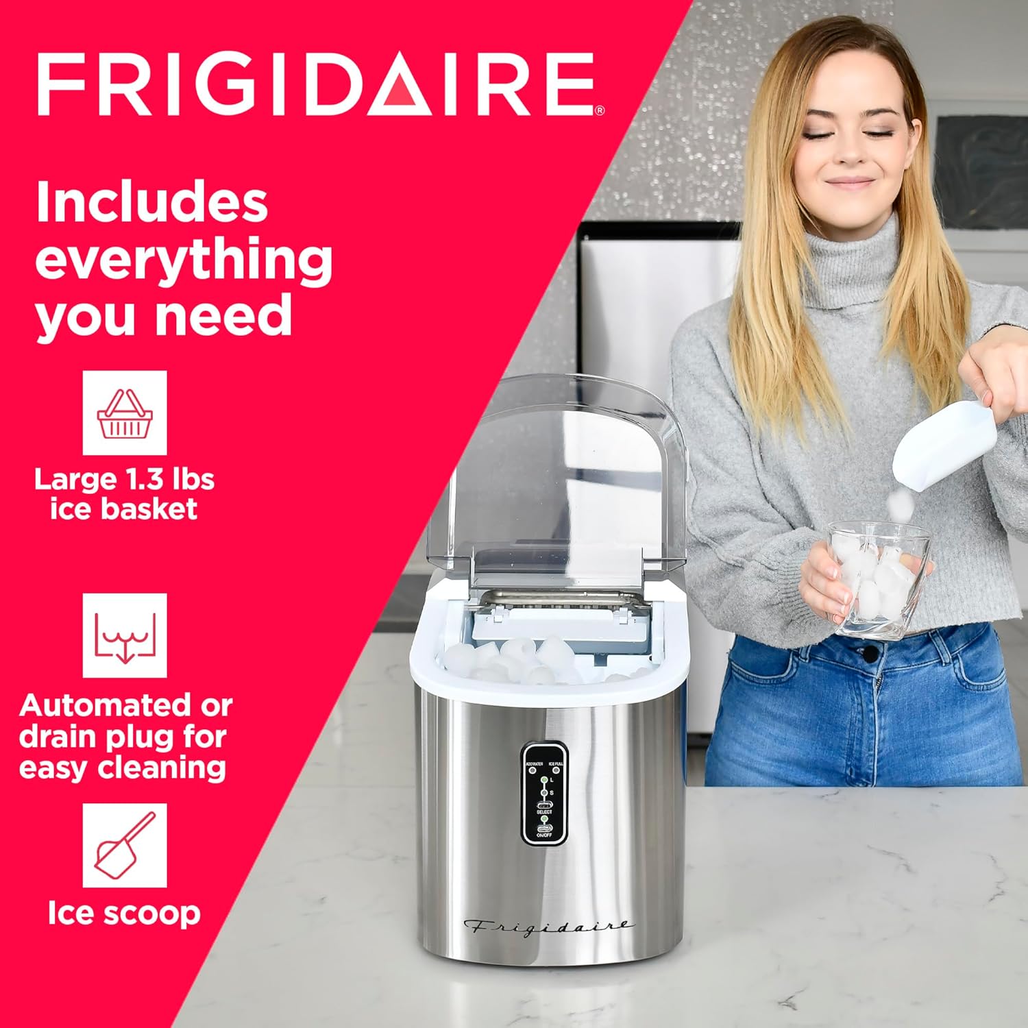 Frigidaire EFIC103-AMZ-SC Counter Top Maker with Over-Sized Ice Bucket, Stainless Steel, Self Cleaning Function, Heavy Duty, Stainless-10