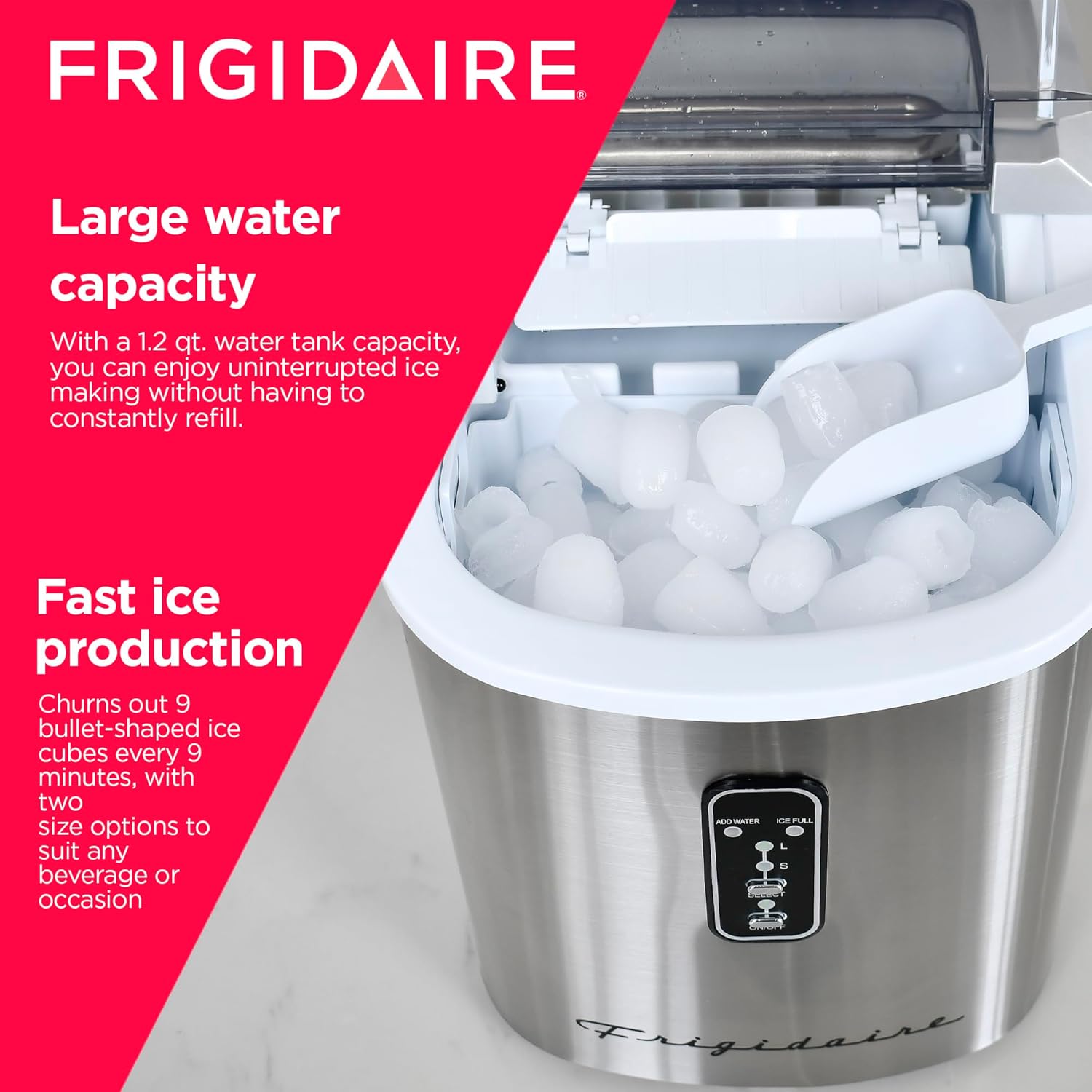 Frigidaire EFIC103-AMZ-SC Counter Top Maker with Over-Sized Ice Bucket, Stainless Steel, Self Cleaning Function, Heavy Duty, Stainless-9