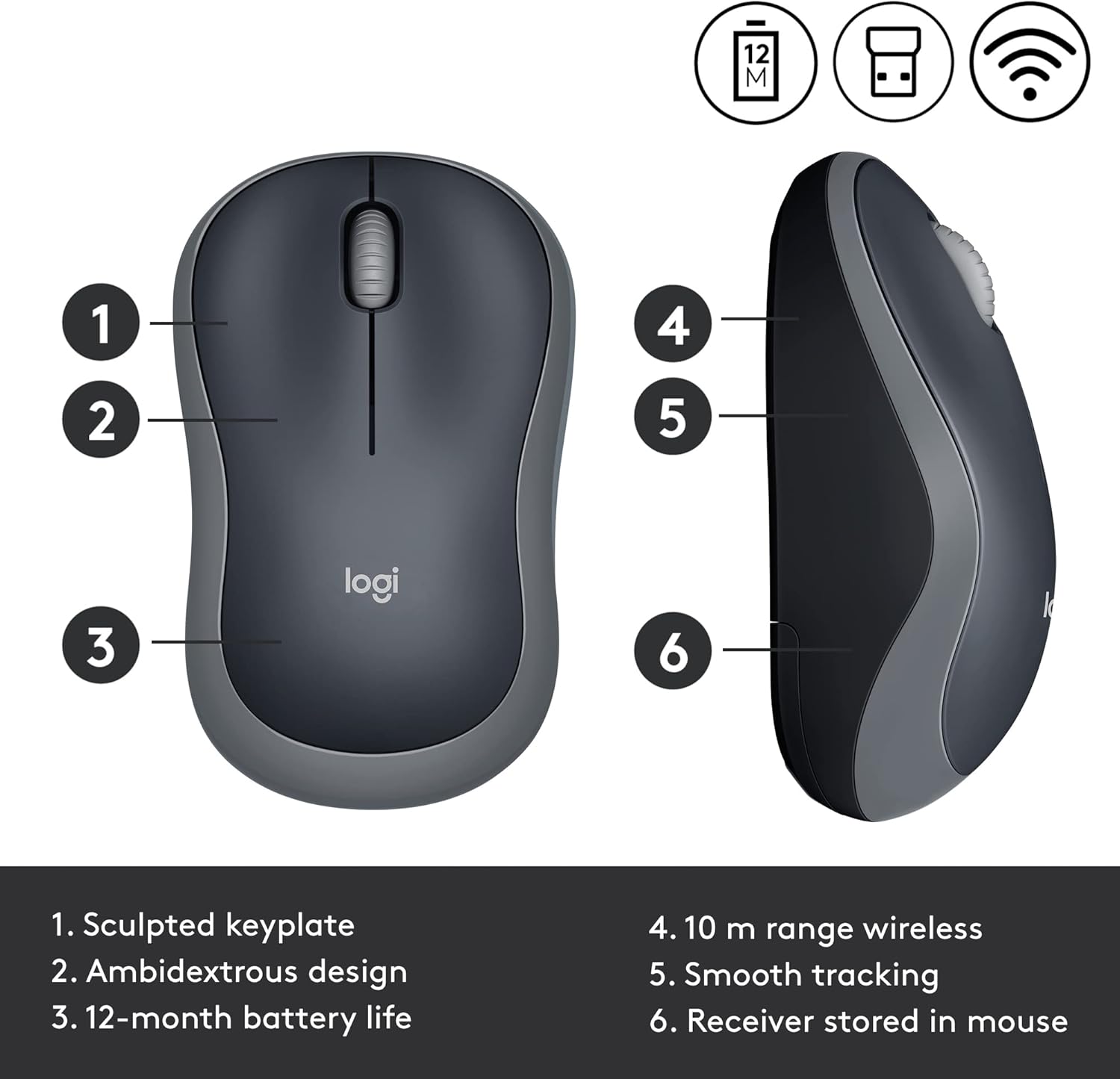 Logitech M185 Wireless Mouse, 2.4GHz with USB Mini Receiver, 12-Month Battery Life, 1000 DPI Optical Tracking, Ambidextrous PC/Mac/Laptop - Swift Gray-3