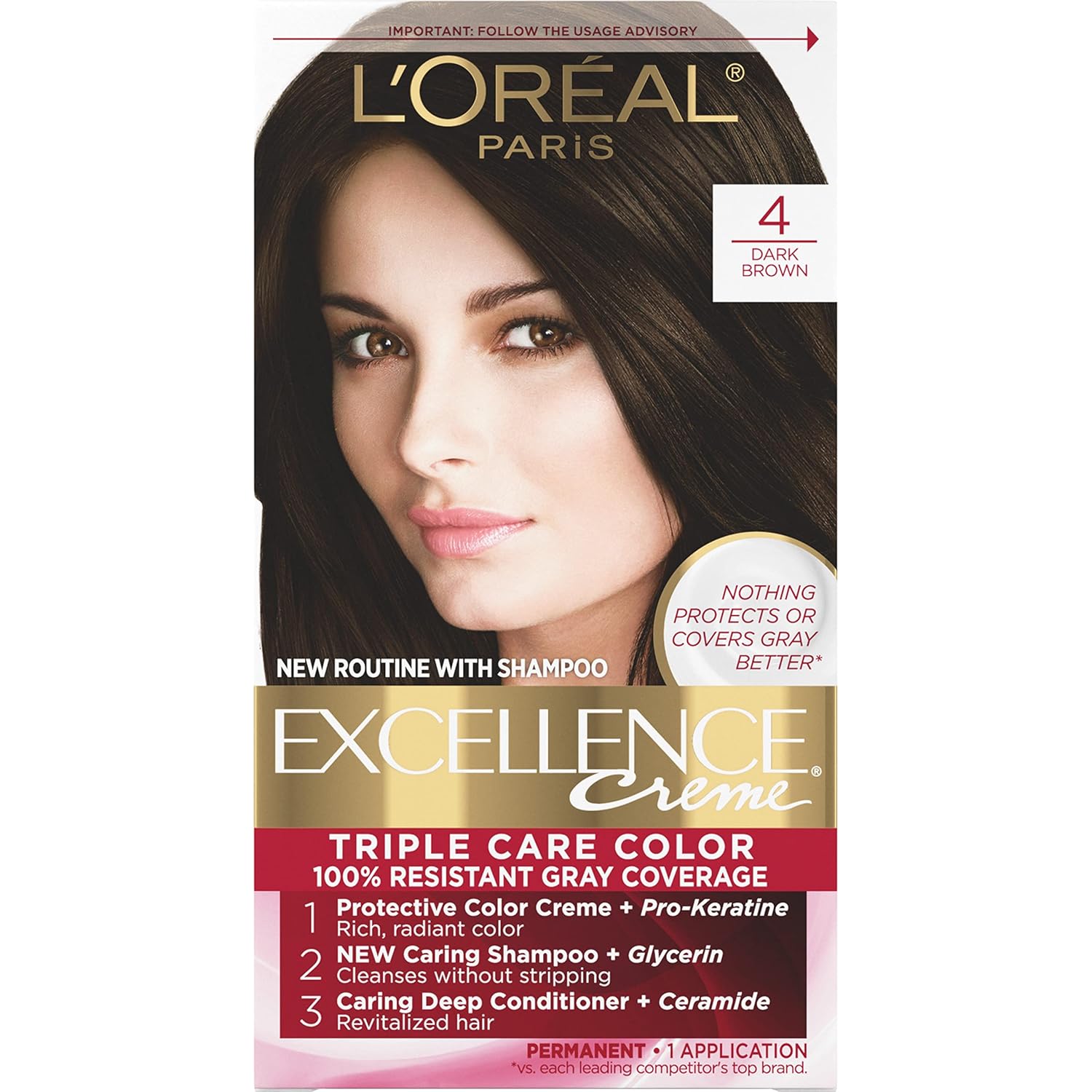 L'Oreal Paris Excellence Creme Permanent Hair Color, 4 Dark Brown, 100 percent Gray Coverage Hair Dye, Pack of 1-0