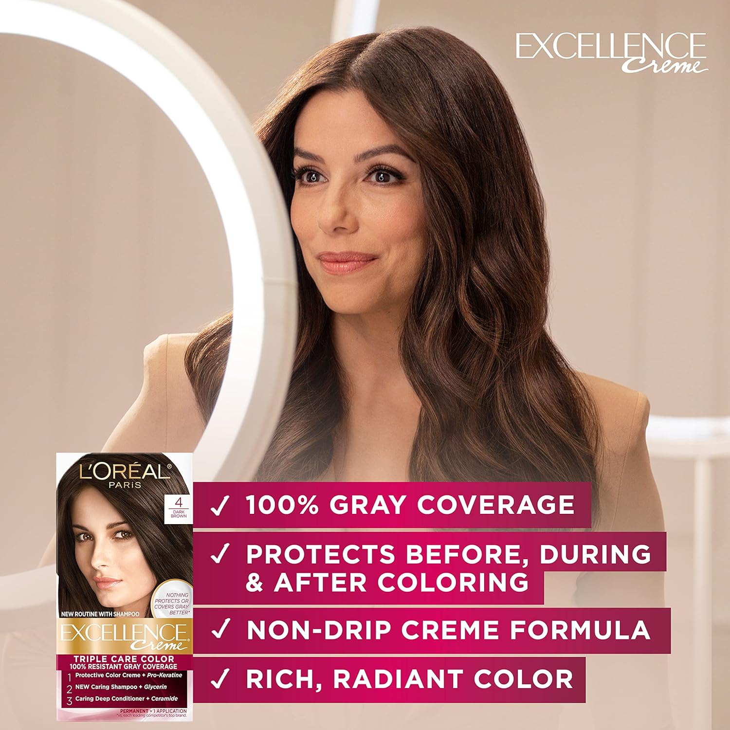 L'Oreal Paris Excellence Creme Permanent Hair Color, 4 Dark Brown, 100 percent Gray Coverage Hair Dye, Pack of 1-1