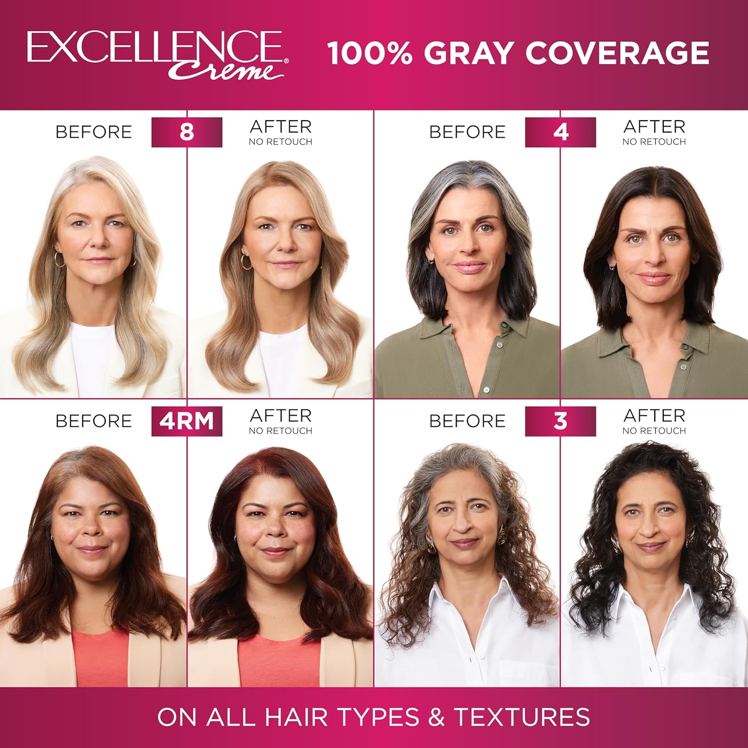 L'Oreal Paris Excellence Creme Permanent Hair Color, 4 Dark Brown, 100 percent Gray Coverage Hair Dye, Pack of 1-3