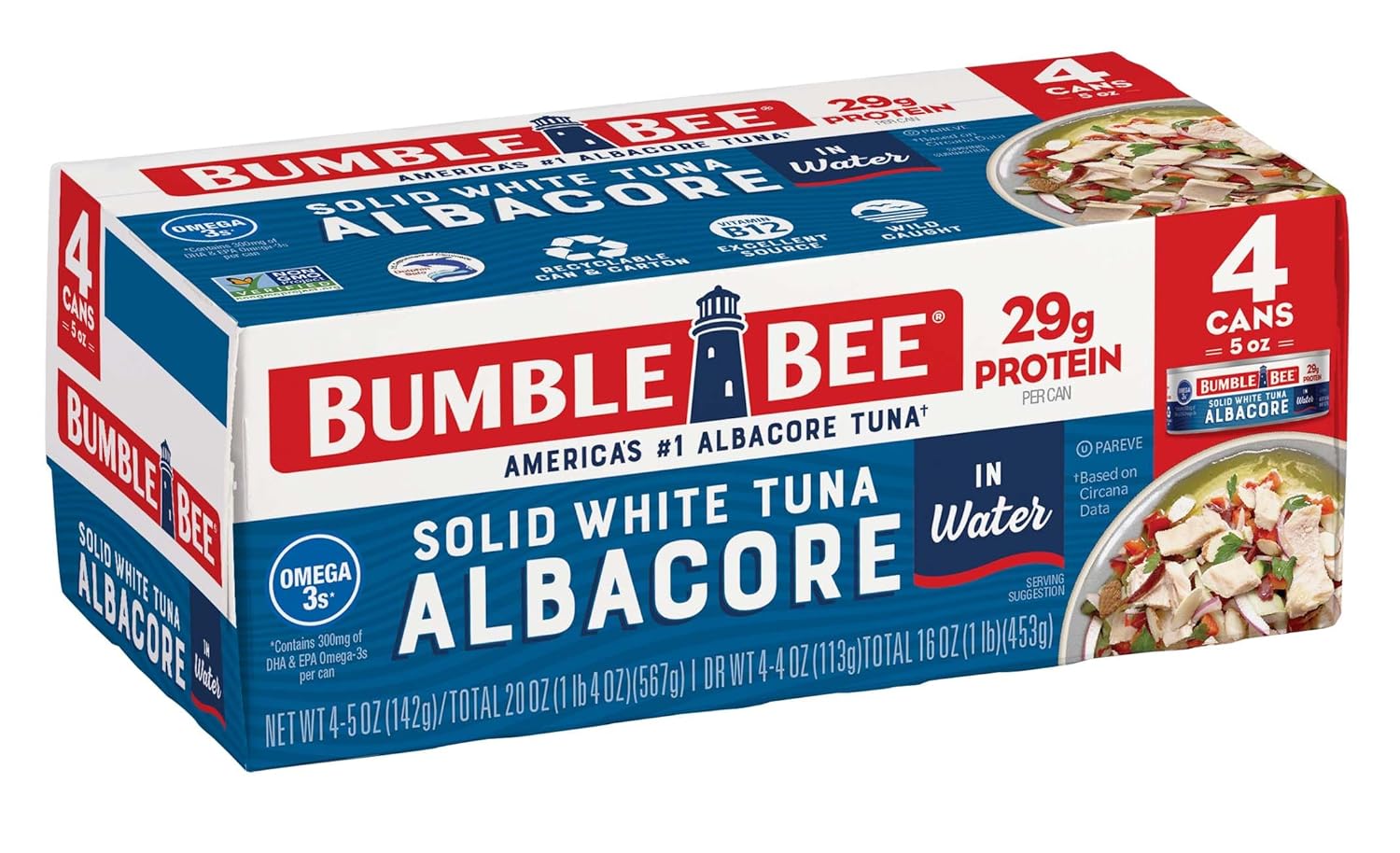 Bumble Bee Solid White Albacore Tuna in Water, 5 oz Can (Pack of 4) - Wild Caught Tuna - 29g Protein per Serving, High in Omega-3s - Non-GMO Project Verified, Gluten Free, Kosher-0