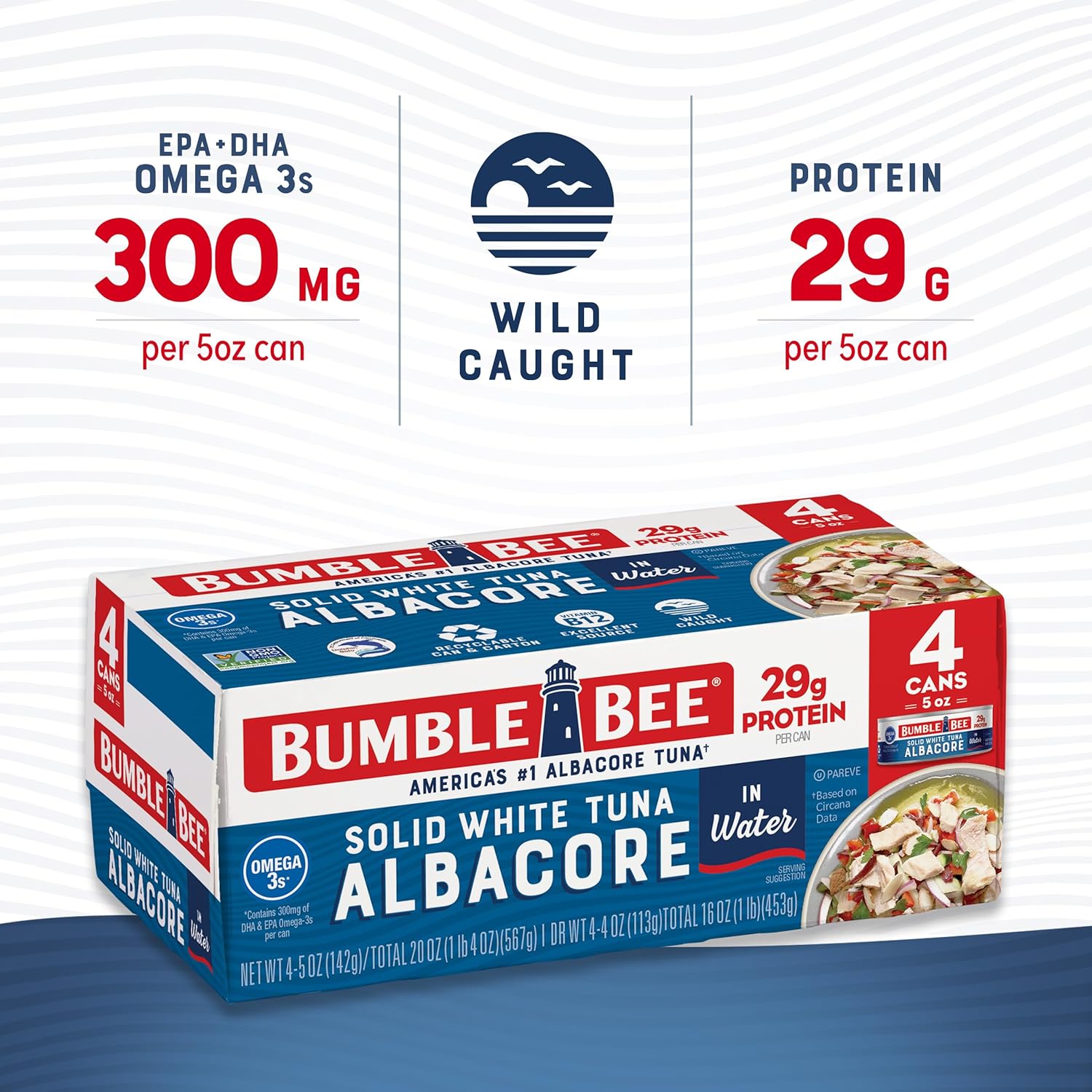 Bumble Bee Solid White Albacore Tuna in Water, 5 oz Can (Pack of 4) - Wild Caught Tuna - 29g Protein per Serving, High in Omega-3s - Non-GMO Project Verified, Gluten Free, Kosher-1