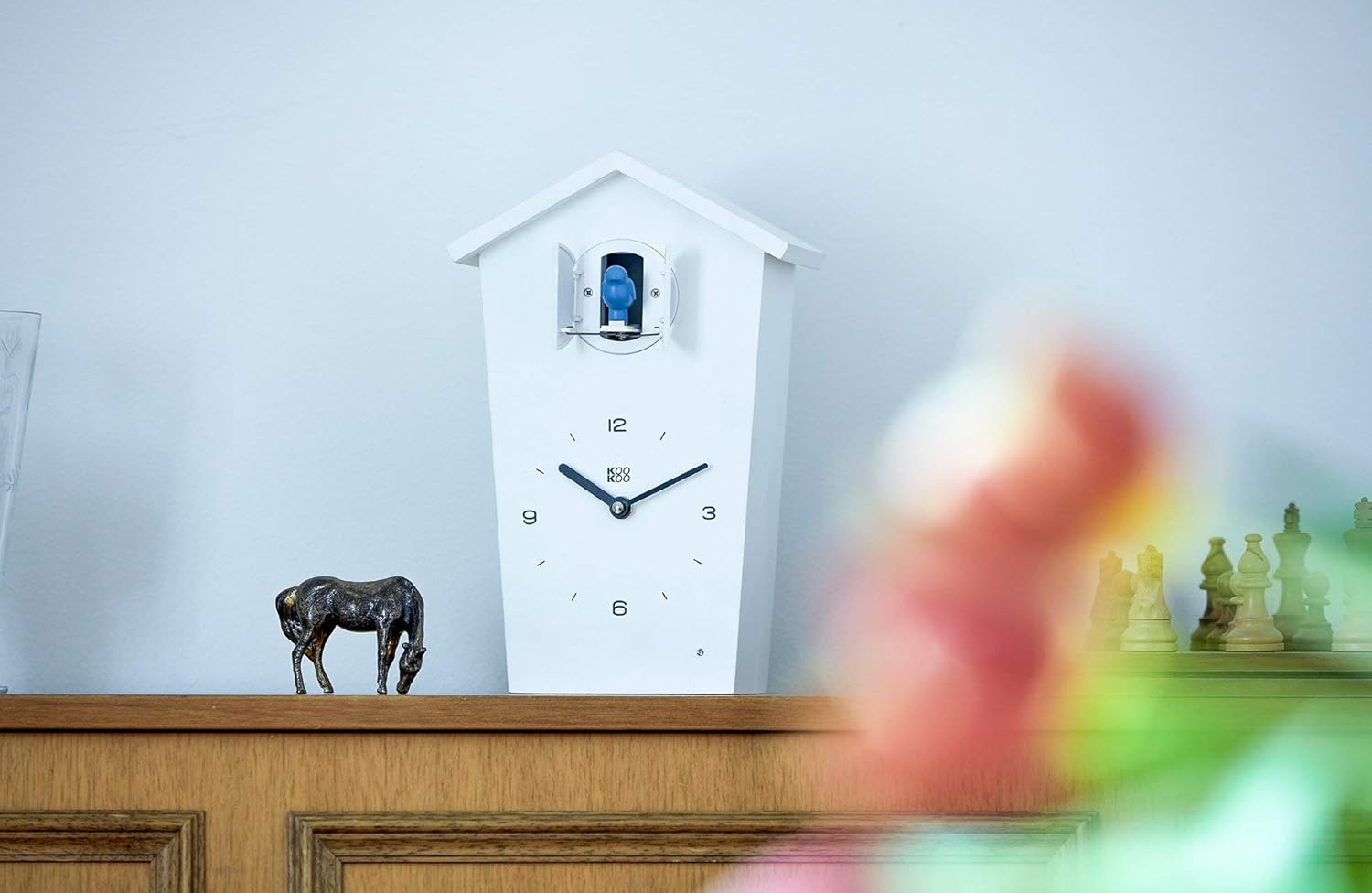 KOOKOO Birdhouse White, Modern Design Cuckoo Clock with 12 Natural Bird Voices or Cuckoo Call-4