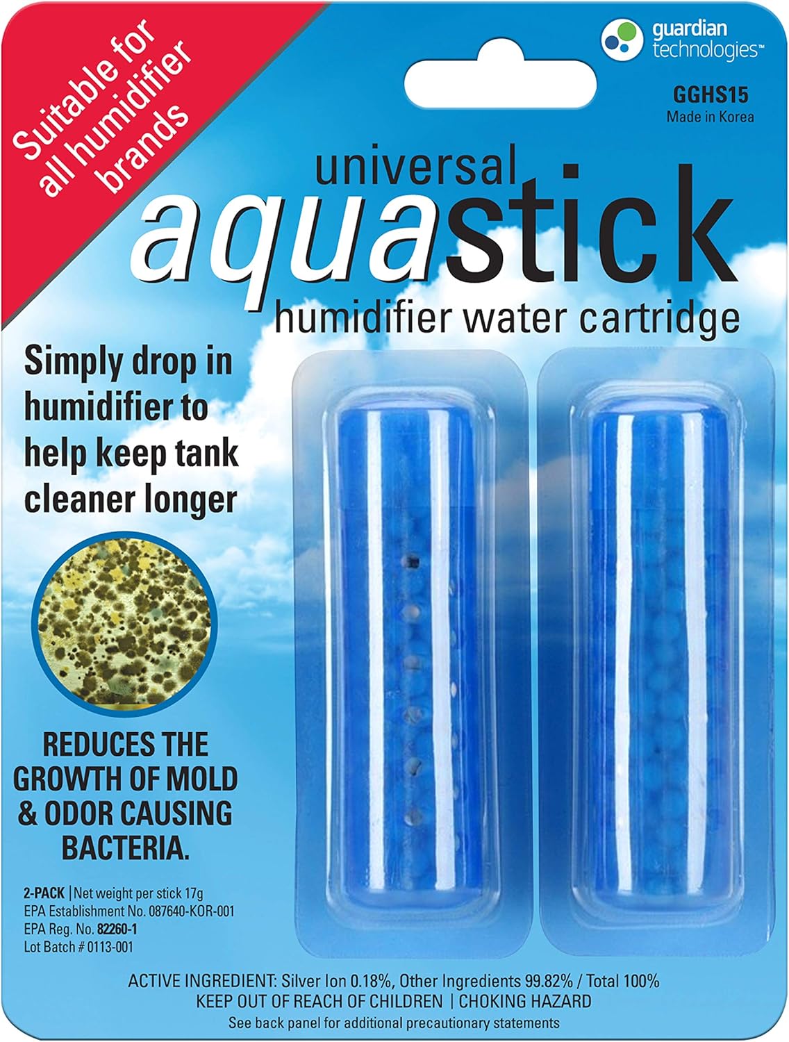 PureGuardian Aquastick, Universal, Genuine Guardian Technologies Antimicrobial Humidifier Treatment, Ultrasonic & Evaporative, Fits All Brands, Reduces Odors, 2 Count (One Pack of Two), GGHS15-0