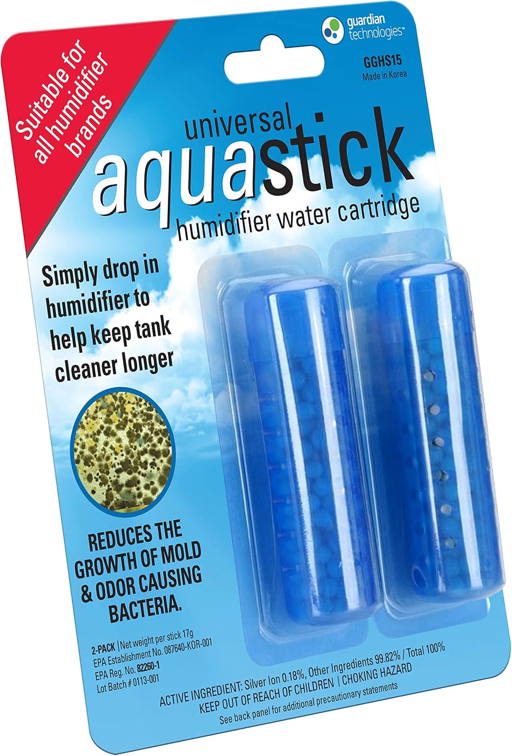 PureGuardian Aquastick, Universal, Genuine Guardian Technologies Antimicrobial Humidifier Treatment, Ultrasonic & Evaporative, Fits All Brands, Reduces Odors, 2 Count (One Pack of Two), GGHS15-4