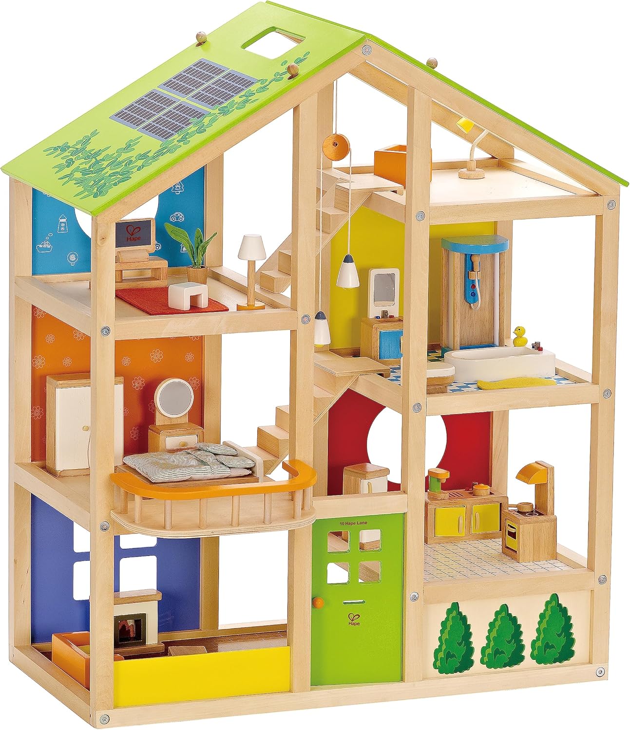 All Seasons Kids Wooden Dollhouse by Hape | Award Winning 3 Story Dolls House Toy with Furniture, Accessories, Movable Stairs and Reversible Season Theme L: 23.6, W: 11.8, H: 28.9 inch-0