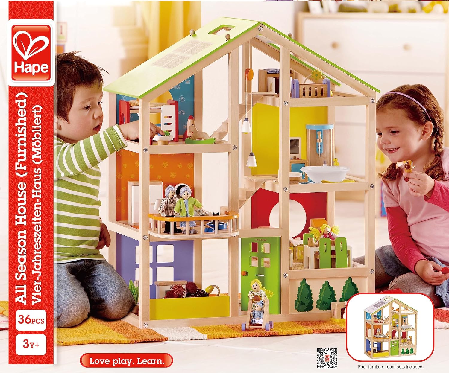 All Seasons Kids Wooden Dollhouse by Hape | Award Winning 3 Story Dolls House Toy with Furniture, Accessories, Movable Stairs and Reversible Season Theme L: 23.6, W: 11.8, H: 28.9 inch-1