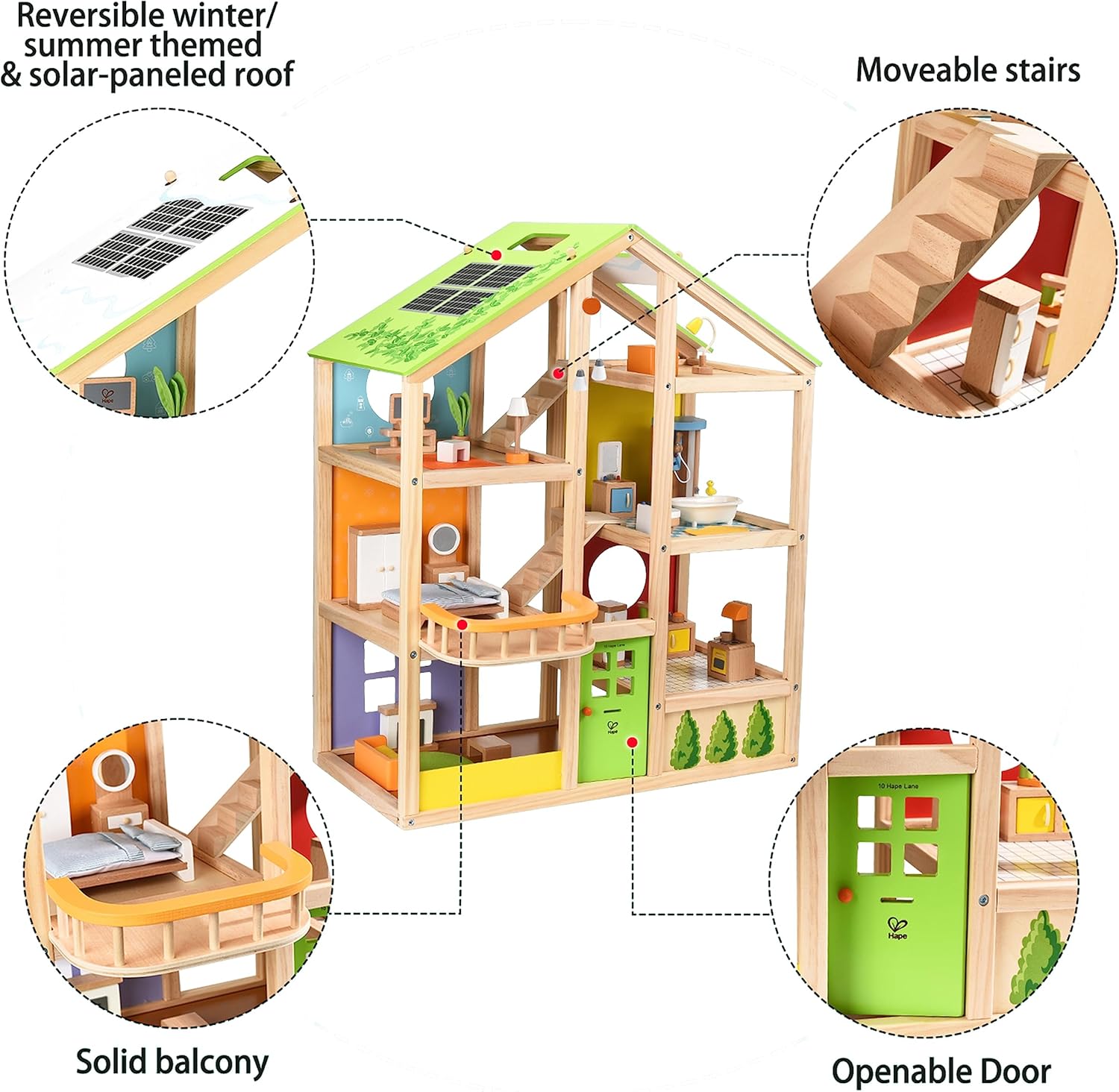 All Seasons Kids Wooden Dollhouse by Hape | Award Winning 3 Story Dolls House Toy with Furniture, Accessories, Movable Stairs and Reversible Season Theme L: 23.6, W: 11.8, H: 28.9 inch-3