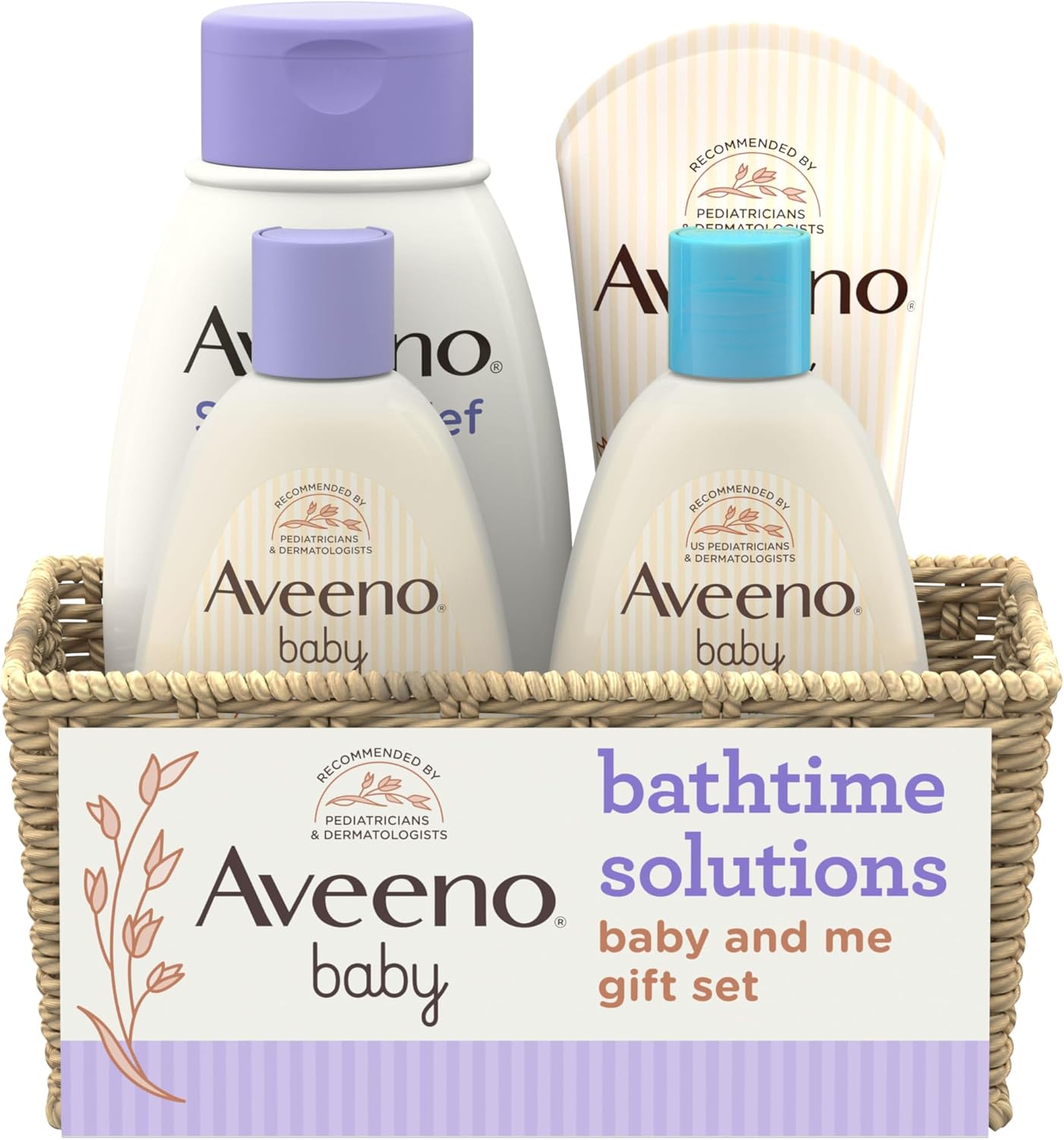 Aveeno Baby Bathtime Solutions Baby & Me Gift Set with Baby Wash & Shampoo, Calming Baby Bath, Baby Daily Moisturizing Lotion & Stress Relief Body Wash for Mom, Oatmeal, 4 Items-0