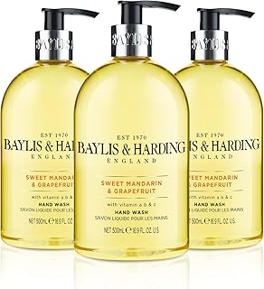 Baylis & Harding Liquid Hand Soap Wash with Dispenser, Sweet Mandarin & Grapefruit, 16.9oz/500ml (3-Pack)