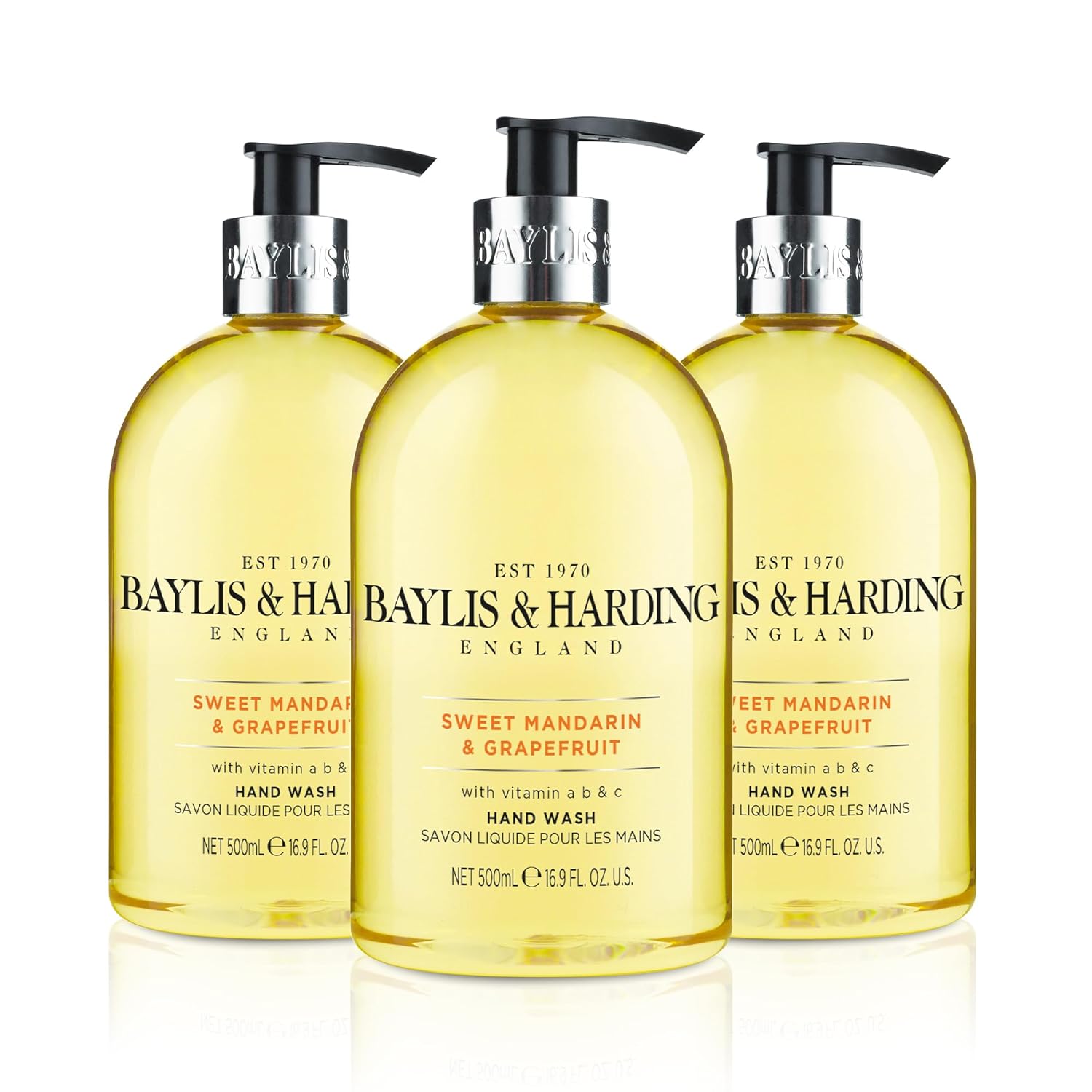 Baylis & Harding Liquid Hand Soap Wash with Dispenser, Sweet Mandarin & Grapefruit, 16.9oz/500ml (3-Pack)-0