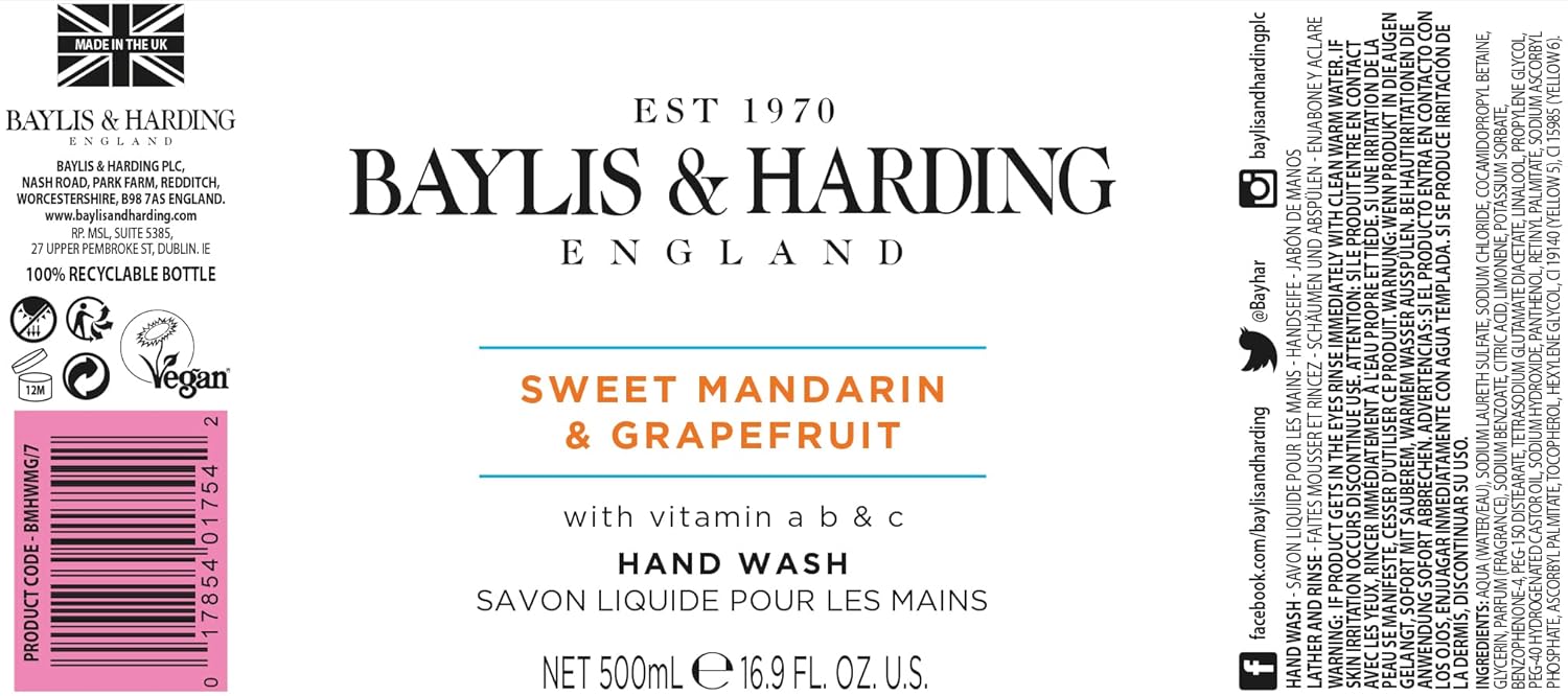 Baylis & Harding Liquid Hand Soap Wash with Dispenser, Sweet Mandarin & Grapefruit, 16.9oz/500ml (3-Pack)-5