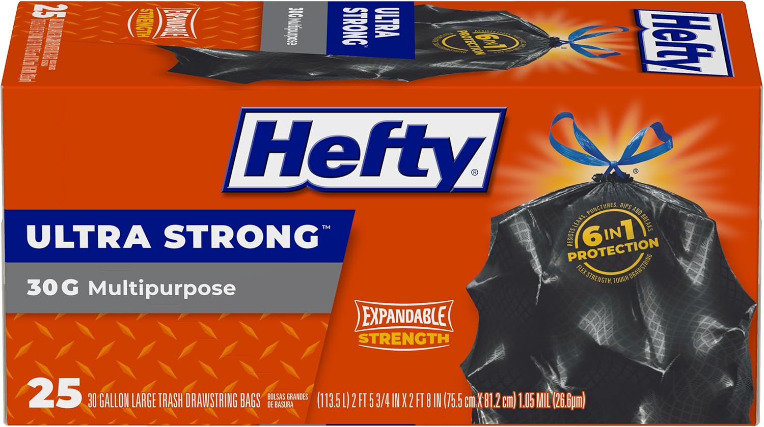 Hefty Ultra Strong Multipurpose Large Trash Bags, Black, Unscented, 30 Gallon, 25 Count (Pack of 1)-0