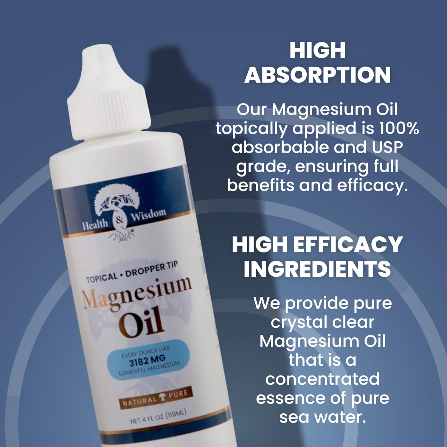 Health and Wisdom Topical Magnesium Oil - Pure Magnesium Oil, Magnesium Oil for Feet, Transdermal Magnesium Oil for Bath, Magnesium Massage Oil, Magnesium Chloride Oil, Dripper Top - 4 Fl Oz-2