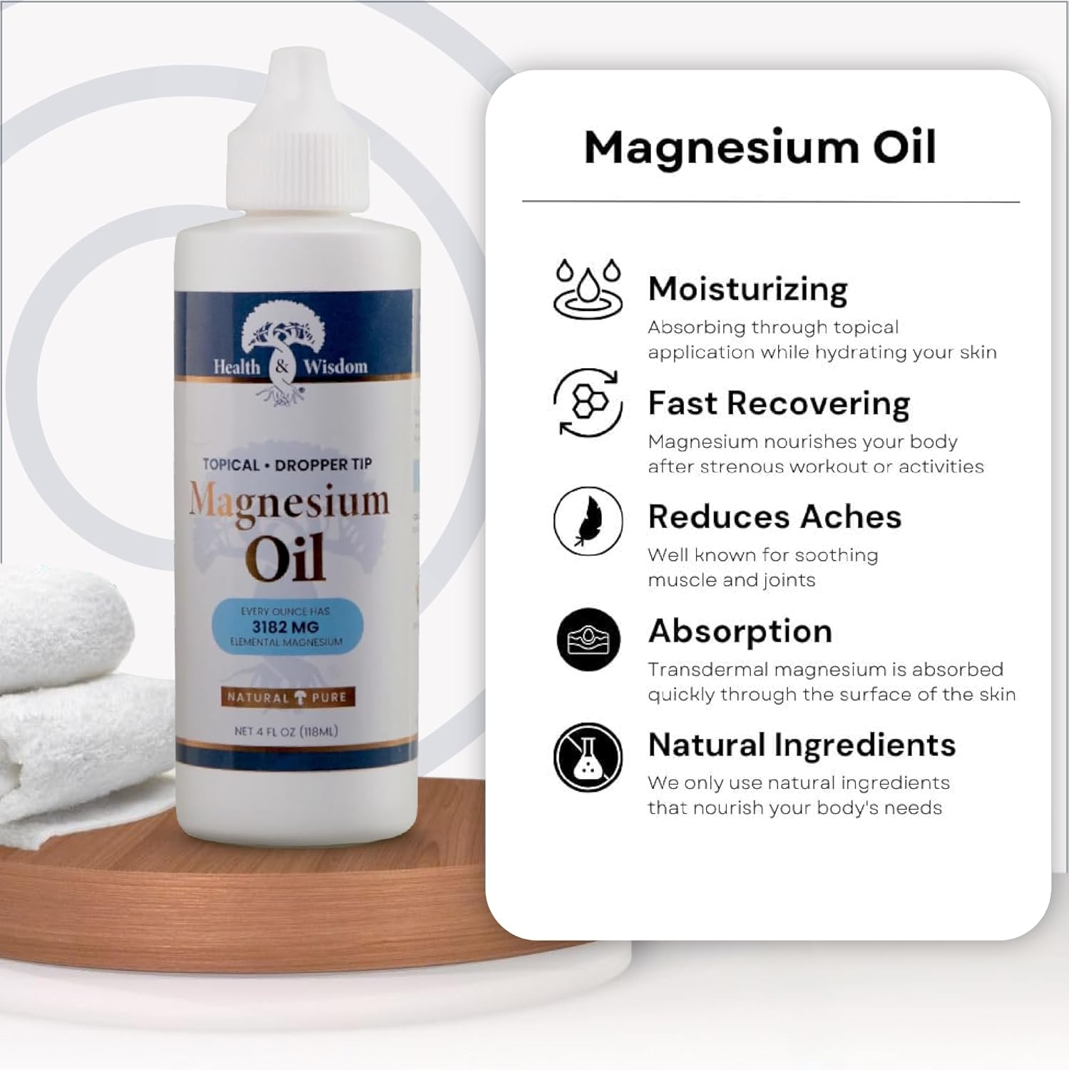 Health and Wisdom Topical Magnesium Oil - Pure Magnesium Oil, Magnesium Oil for Feet, Transdermal Magnesium Oil for Bath, Magnesium Massage Oil, Magnesium Chloride Oil, Dripper Top - 4 Fl Oz-4