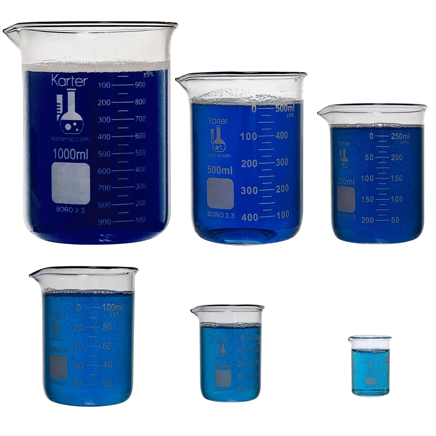 Karter Scientific, 3.3 Boro, Griffin Low Form, Glass Beaker Set - 6 Sizes - 10ml, 50ml, 100ml, 250ml, 500ml, 1000ml-0