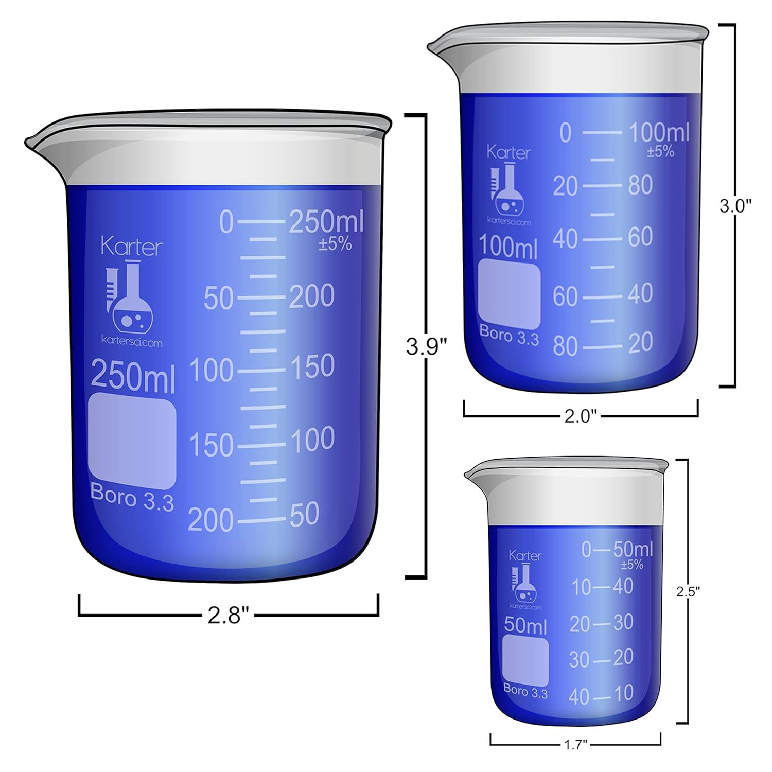 Karter Scientific, 3.3 Boro, Griffin Low Form, Glass Beaker Set - 6 Sizes - 10ml, 50ml, 100ml, 250ml, 500ml, 1000ml-3