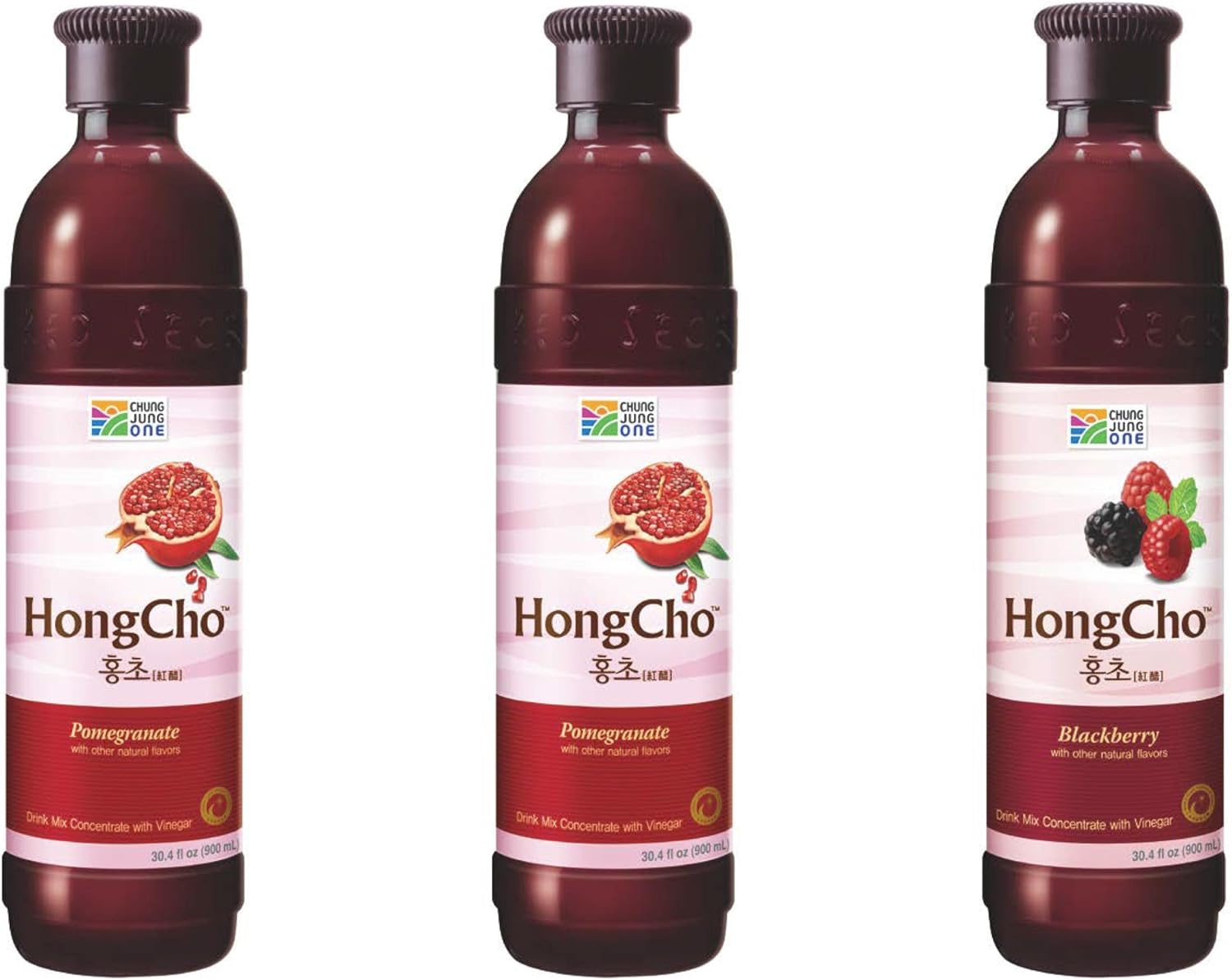 (Limited Quantity/Special Edition) Chung Jung One Hong Cho Drink Mix Concentrate with Vinegar (30.4oz) (900ml) 2 Pomegranate + 1 Blackberry (Pack of 3)-0