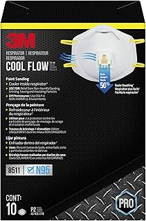 3M N95 Respirator 8511, 10 Pack, NIOSH-APPROVED N95, Features 3M COOL FLOW Exhalation Valve, Relief From Dusts & Certain Particles During Sanding, Pollen, Mold Spores, Dust Particles (8511DB1-A-PS)