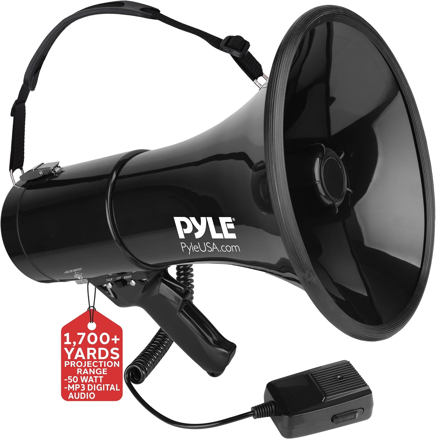 Pyle Megaphone Speaker PA Bullhorn with Built-in Siren 50 Watts & Adjustable Volume Ideal for Football, Baseball, Hockey, Cheerleading Fans & Coaches or for Safety Drills - PMP53IN, Black-0