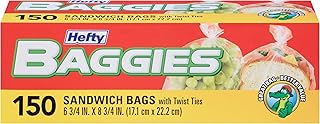 Hefty Baggies Food Storage Bags, Sandwich, Twist Tie, 150 Count