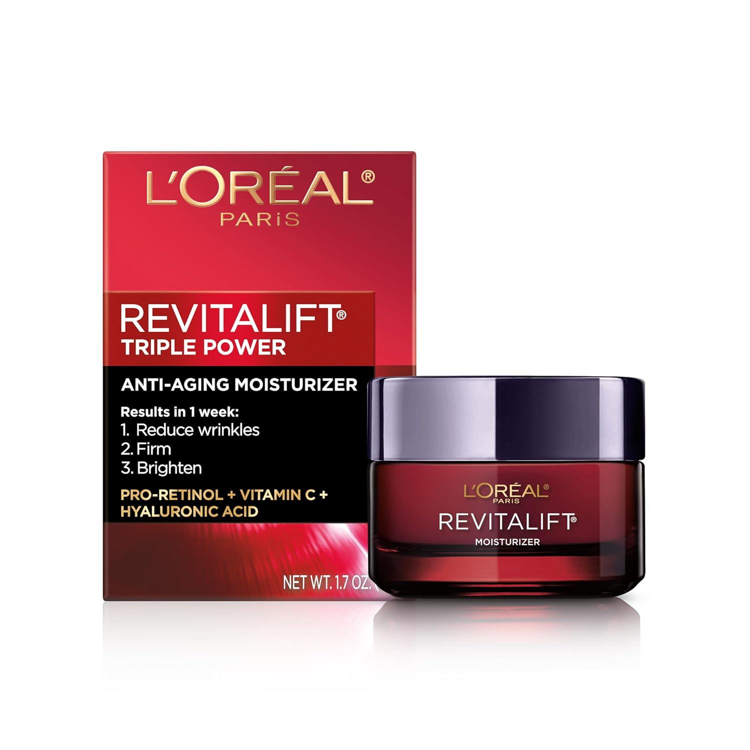 L'Oreal Paris Revitalift Triple Power Anti-Aging Face Moisturizer, Pro Retinol, Hyaluronic Acid & Vitamin C to Reduce Wrinkles, Firm & Brighten Skin, 1.7 Oz-0