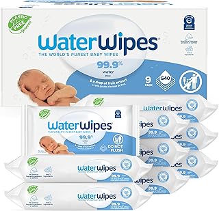 WaterWipes Plastic-Free Original-baby Wipes, 99.9% Water Based Wipes, Unscented & Hypoallergenic for Sensitive Skin, 60 Count (Pack of 9) Total 540 wipes, Packaging May Vary