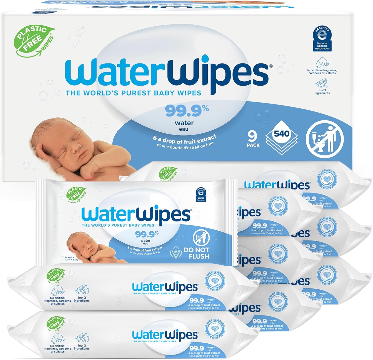 WaterWipes Plastic-Free Original-baby Wipes, 99.9% Water Based Wipes, Unscented & Hypoallergenic for Sensitive Skin, 60 Count (Pack of 9) Total 540 wipes, Packaging May Vary-0