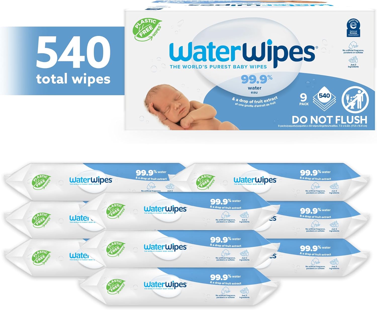 WaterWipes Plastic-Free Original-baby Wipes, 99.9% Water Based Wipes, Unscented & Hypoallergenic for Sensitive Skin, 60 Count (Pack of 9) Total 540 wipes, Packaging May Vary-1