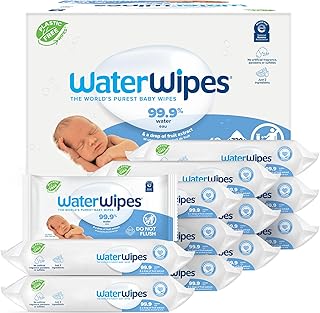 WaterWipes Plastic-Free Original Baby Wipes, 99.9% Water Based Wipes, Unscented & Hypoallergenic for Sensitive Skin, 60 Count (Pack of 12), Packaging May Vary