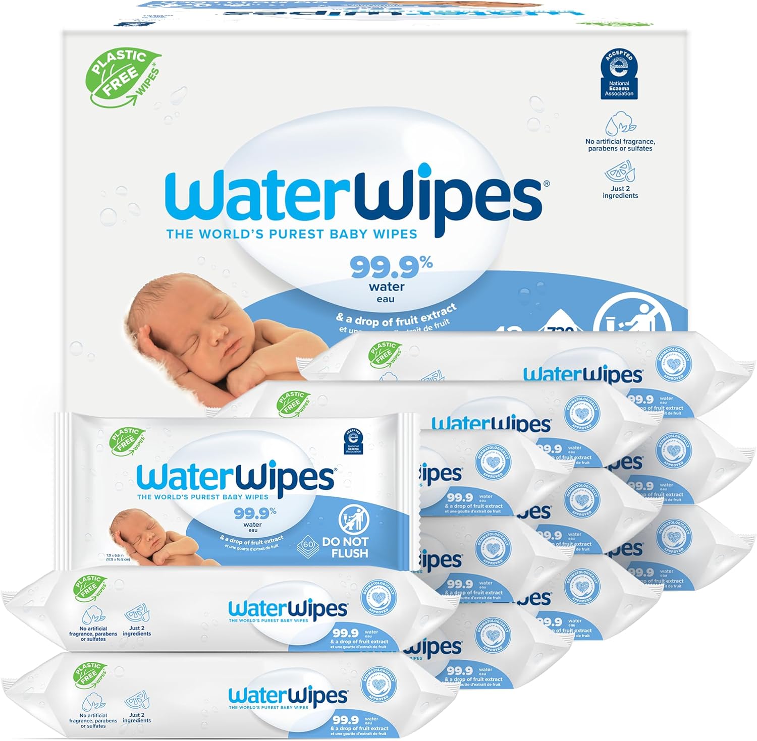 WaterWipes Plastic-Free Original Baby Wipes, 99.9% Water Based Wipes, Unscented & Hypoallergenic for Sensitive Skin, 60 Count (Pack of 12), Packaging May Vary-0