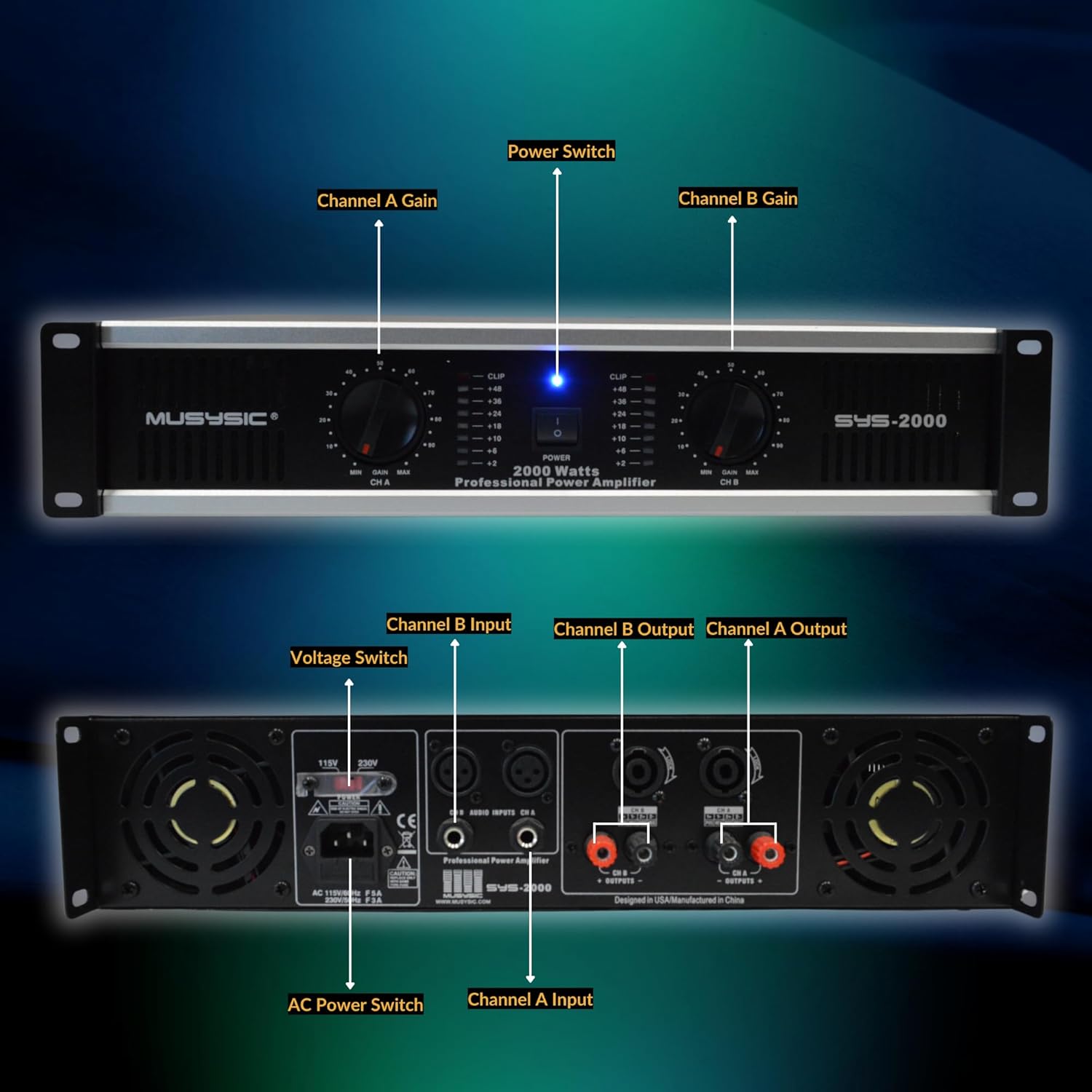 MUSYSIC 2 Channel Power Amplifier Distortion Free and Clear Sound - Professional 2U Chassis Rack Mount Amplifiers for DJs/Experts/Events w/ATR Technology/XLR and 1/4 Inch Inputs - 2000Watts-3